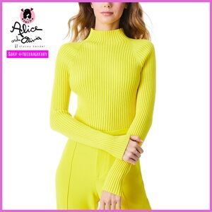 Alice + Olivia Irena Yellow Sunflower Mock Neck Cropped Pullover Sweater Top